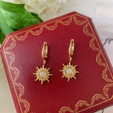 Gold Sun Charm Huggie Hoop Earrings, Sun Opal Earrings, Gold plated sun opal stone earrings